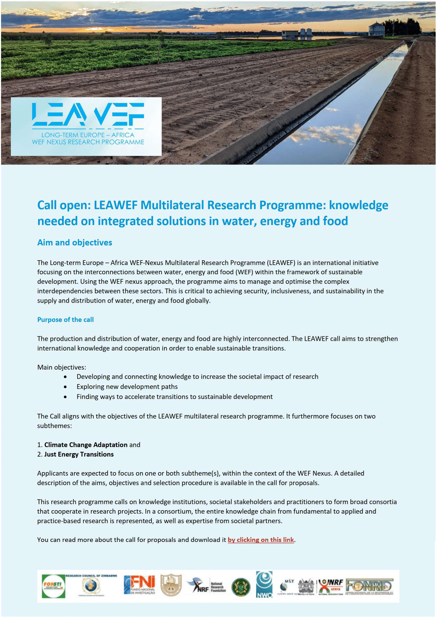 Call open: LEAWEF Multilateral Research Programme